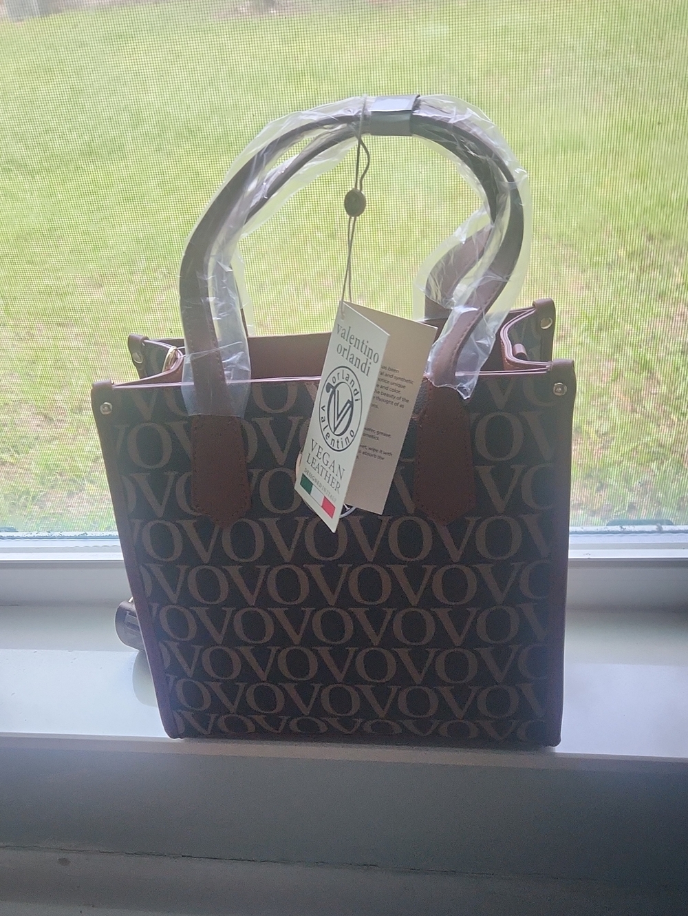 Valentino Orlandi Brown Logo Print Tote with Tan Trim NWT